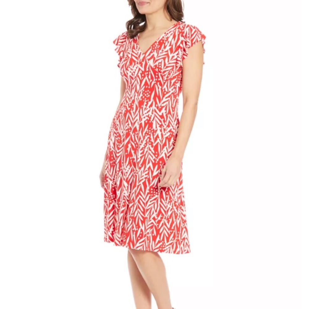 NWT London Times V-neck Ruffle Sleeve Midi Dress Coral and White Size 20W